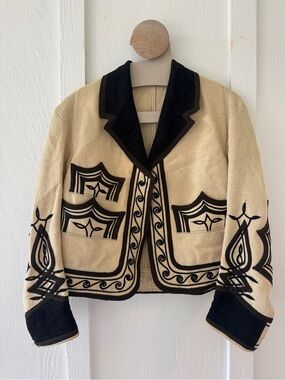 Vintage Beige and Black Embroidered Blazer